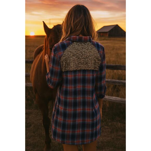 Free People Gold Sequin Plaid Shirt Medium Rustic Glam Prairie - Picture 1 of 9